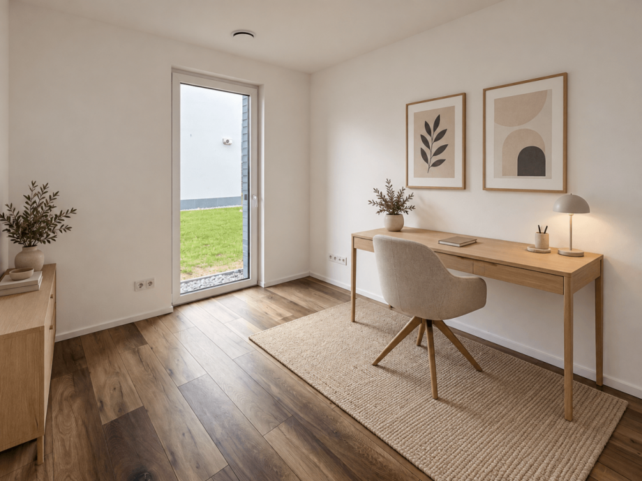 Helles Japandi-Homeoffice mit Gartenblick Erdgeschosswohnung L�hne